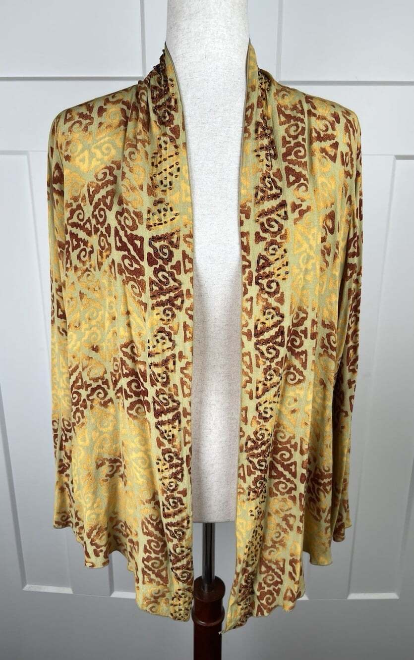 Soft Surroundings Kimono S Beaded Open Front Boho Art to Wear Fall Print Rayon